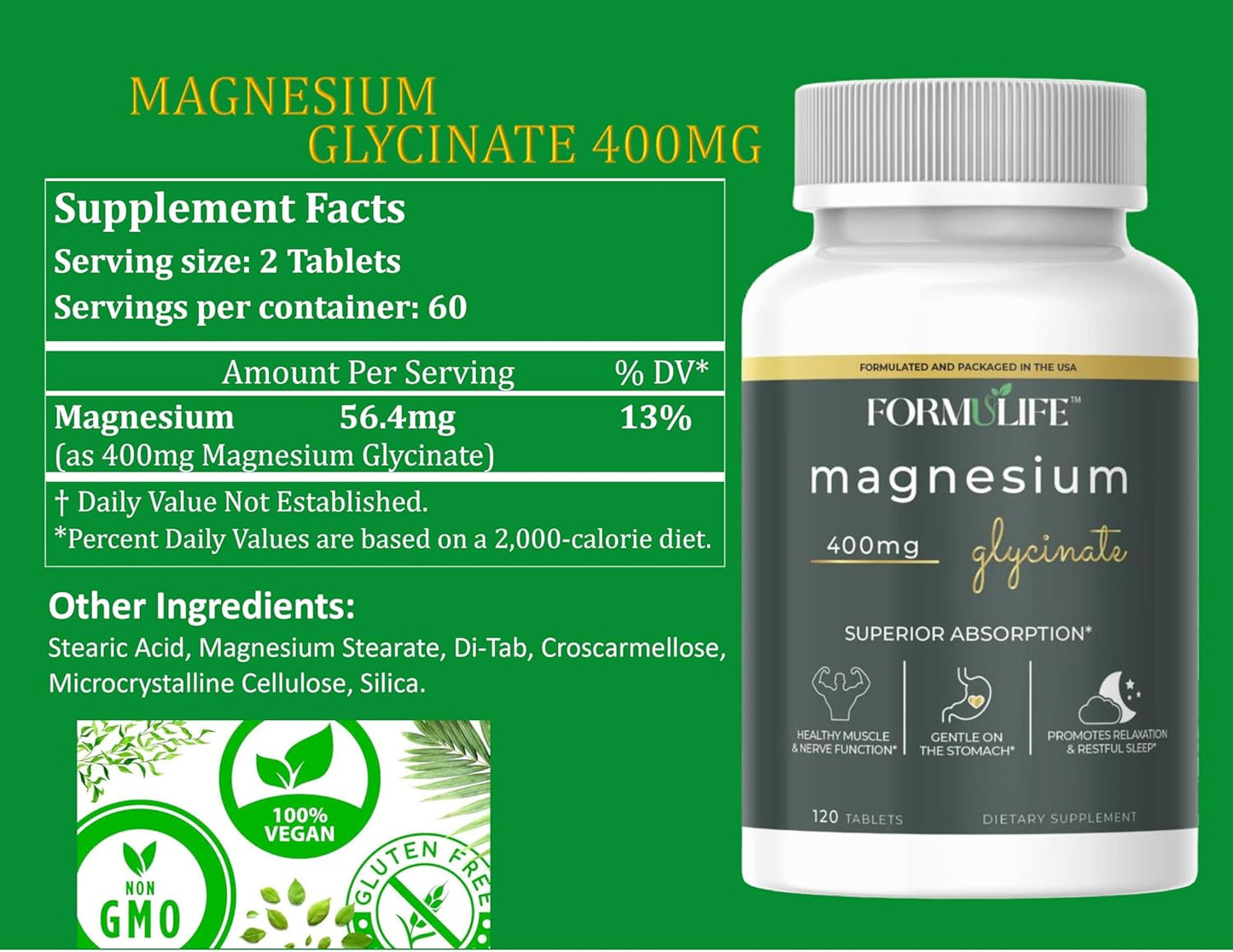 Vegan Magnesium Bisglycinate 400mg Supplement Tablets - Supports Stress Relief, Calm, Cramps, Sleep, Nerve Function - Non-GMO, USA Made - 120 Count