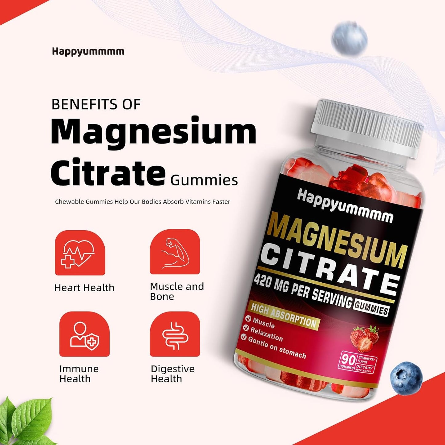 Vegan Magnesium Citrate Gummies 420mg - 90 Strawberry Gummies for Relaxation, Muscle, Bone & Energy Support