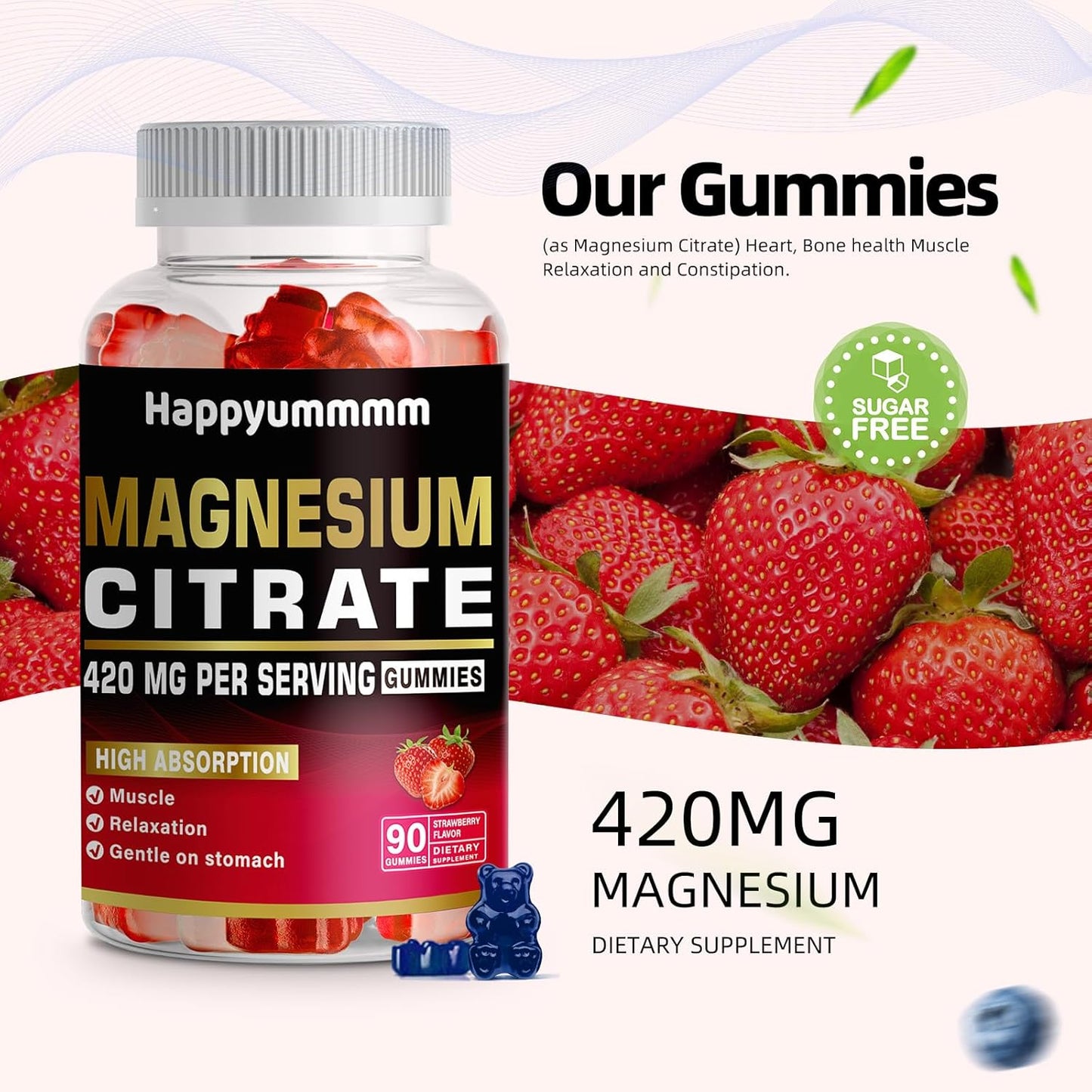 Vegan Magnesium Citrate Gummies 420mg - 90 Strawberry Gummies for Relaxation, Muscle, Bone & Energy Support