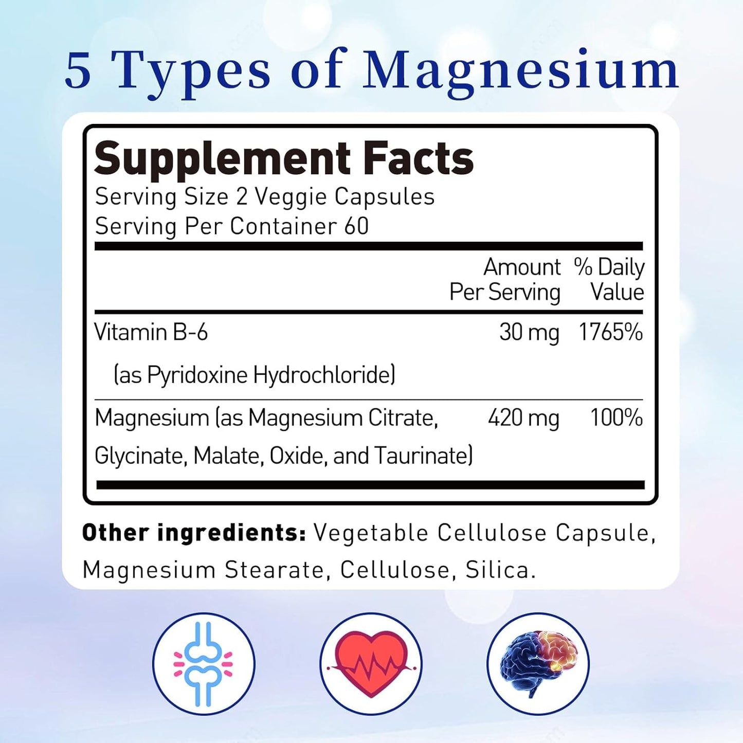Vegan Magnesium Complex Supplement with Vitamin B6 for Heart and Bone Support - 420mg Magnesium Citrate, Malate, Taurate, Oxide, Glycinate - 120 Capsules