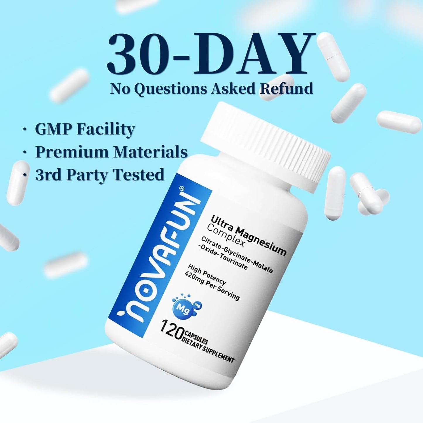 Vegan Magnesium Complex Supplement with Vitamin B6 for Heart and Bone Support - 420mg Magnesium Citrate, Malate, Taurate, Oxide, Glycinate - 120 Capsules