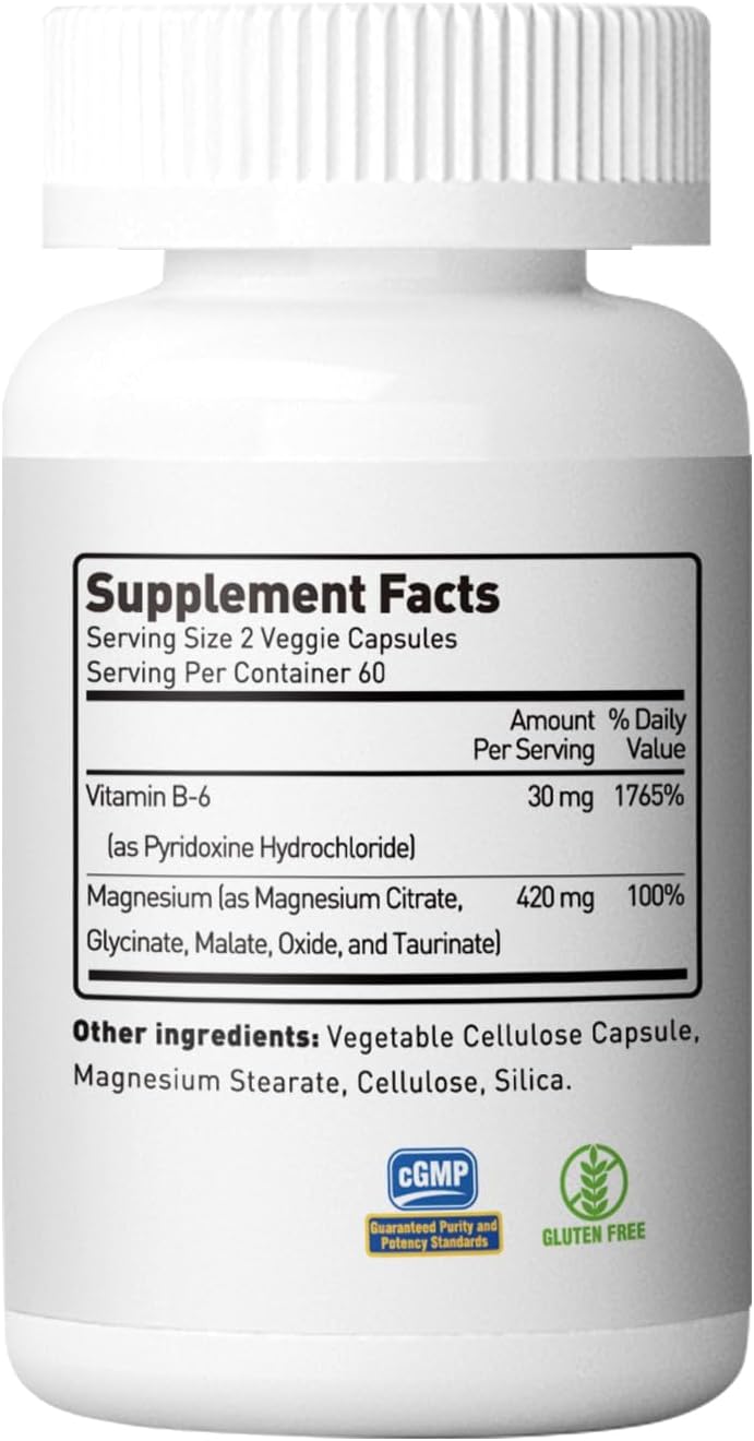 Vegan Magnesium Complex Supplement with Vitamin B6 for Heart and Bone Support - 420mg Magnesium Citrate, Malate, Taurate, Oxide, Glycinate - 120 Capsules