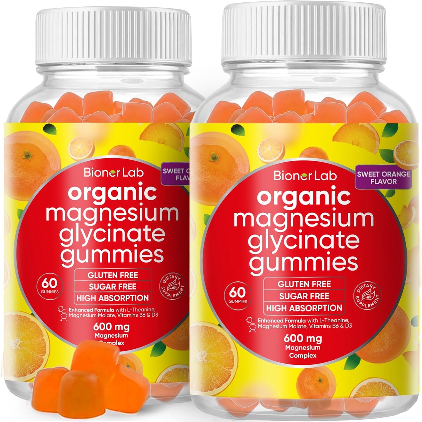 Vegan Magnesium Glycinate Gummies (600mg) for Kids & Adults - Calcium, Potassium, Vitamin D, B6, L-Theanine - Orange Flavor - Sugar & Gluten Free
