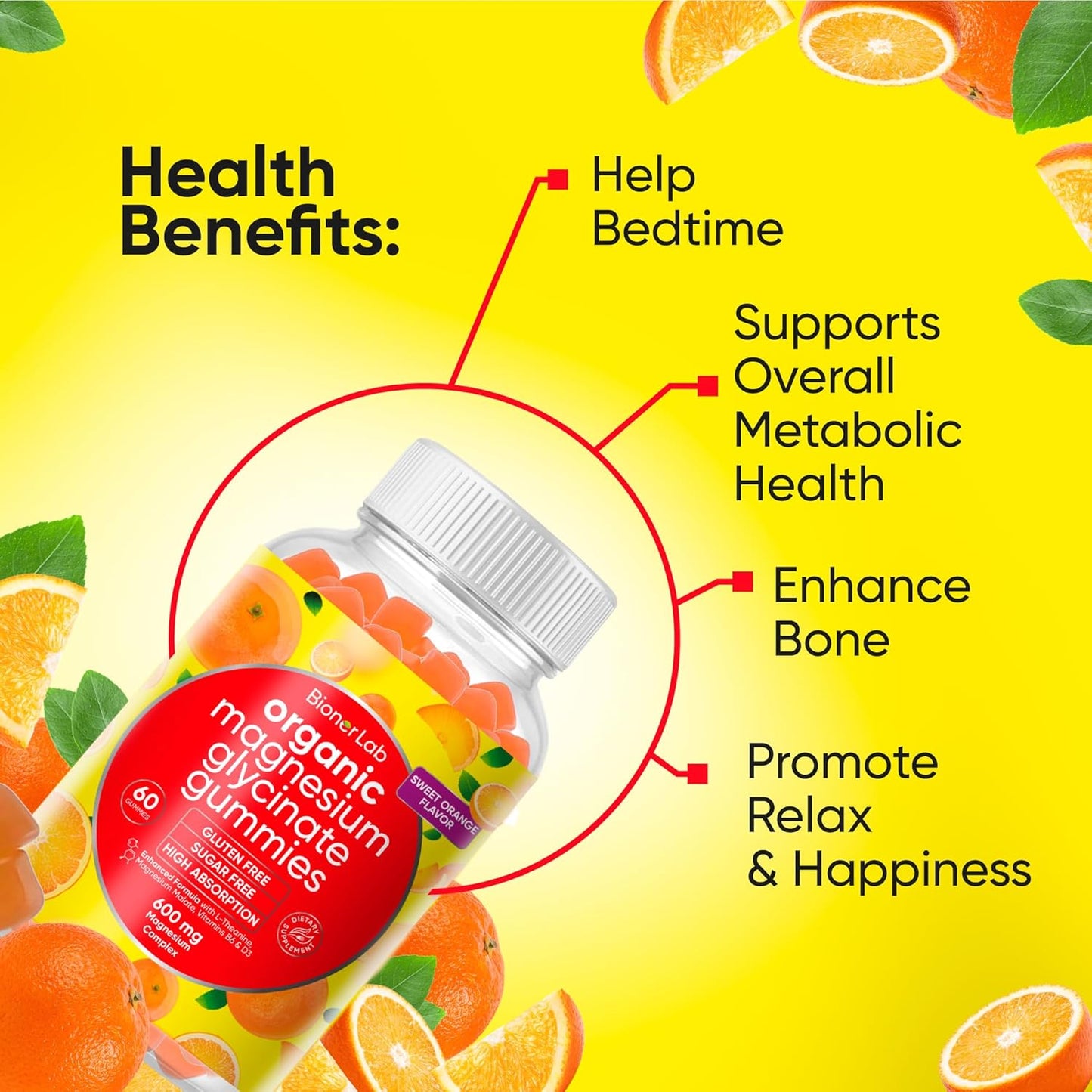 Vegan Magnesium Glycinate Gummies (600mg) for Kids & Adults - Calcium, Potassium, Vitamin D, B6, L-Theanine - Orange Flavor - Sugar & Gluten Free