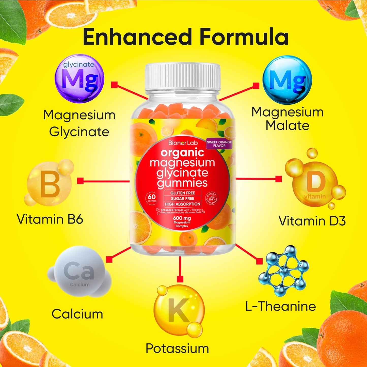 Vegan Magnesium Glycinate Gummies (600mg) for Kids & Adults - Calcium, Potassium, Vitamin D, B6, L-Theanine - Orange Flavor - Sugar & Gluten Free