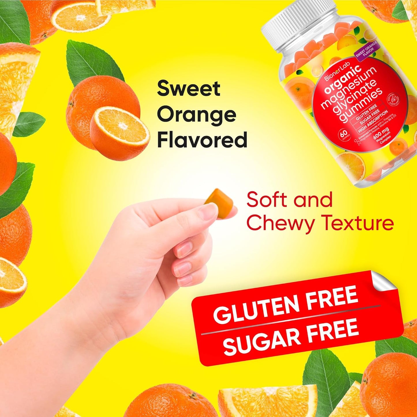 Vegan Magnesium Glycinate Gummies (600mg) for Kids & Adults - Calcium, Potassium, Vitamin D, B6, L-Theanine - Orange Flavor - Sugar & Gluten Free