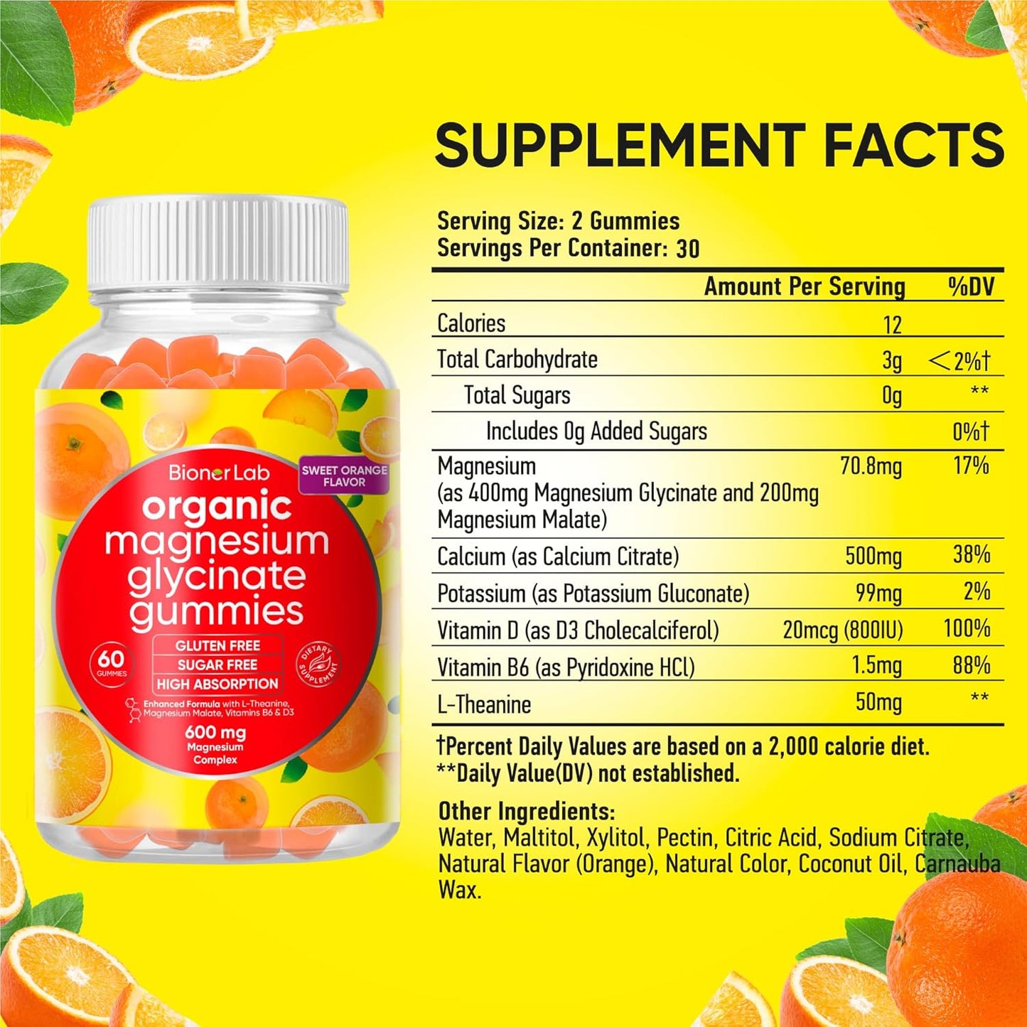 Vegan Magnesium Glycinate Gummies (600mg) for Kids & Adults - Calcium, Potassium, Vitamin D, B6, L-Theanine - Orange Flavor - Sugar & Gluten Free