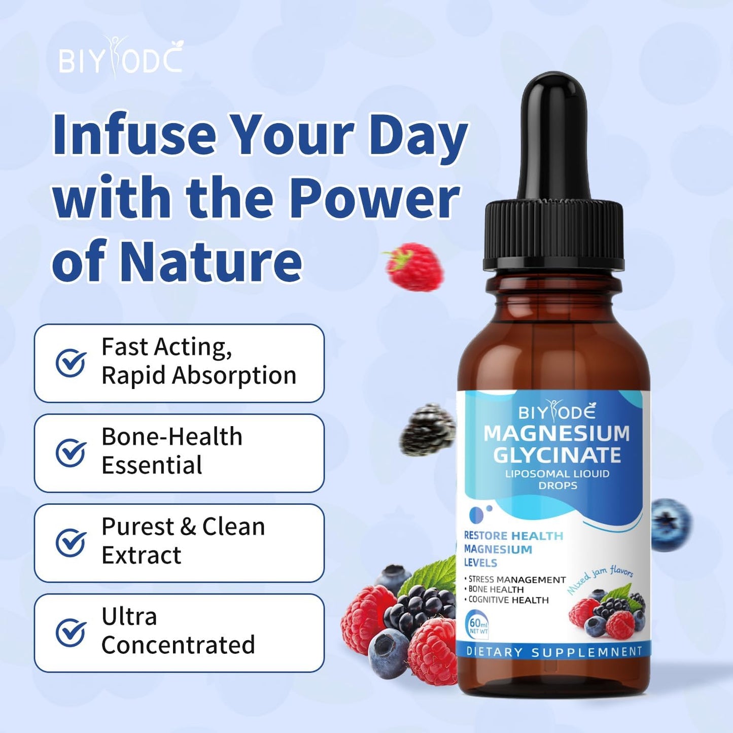 Vegan Magnesium Glycinate Liquid Drops 1500mg - Bone & Cognitive Support - Mixed Jam Flavor - 30-Day Supply
