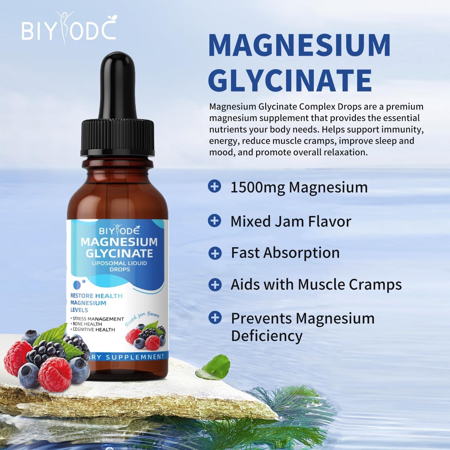 Vegan Magnesium Glycinate Liquid Drops 1500mg - Bone & Cognitive Support - Mixed Jam Flavor - 30-Day Supply