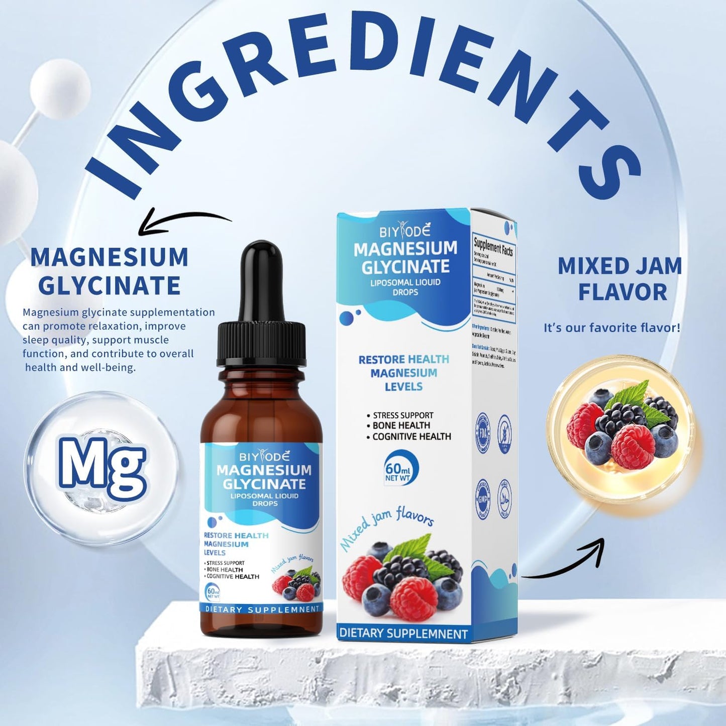 Vegan Magnesium Glycinate Liquid Drops 1500mg - Bone & Cognitive Support - Mixed Jam Flavor - 30-Day Supply