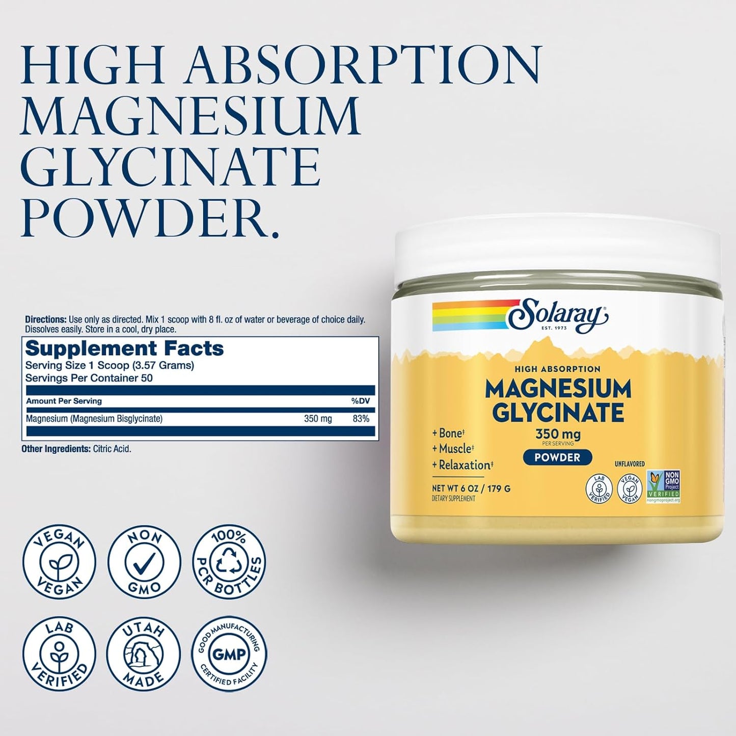 Vegan Magnesium Glycinate Powder - Unflavored Supplement for Bone, Muscle, Relaxation - Non-GMO, 60-Day Guarantee - 50 Servings, 6 OZ