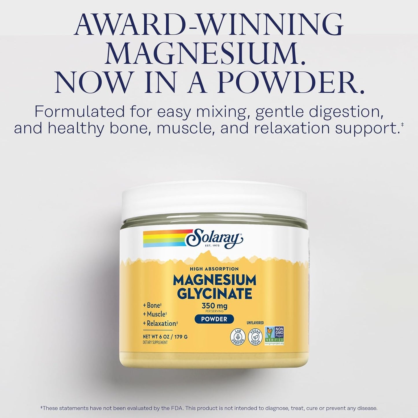 Vegan Magnesium Glycinate Powder - Unflavored Supplement for Bone, Muscle, Relaxation - Non-GMO, 60-Day Guarantee - 50 Servings, 6 OZ