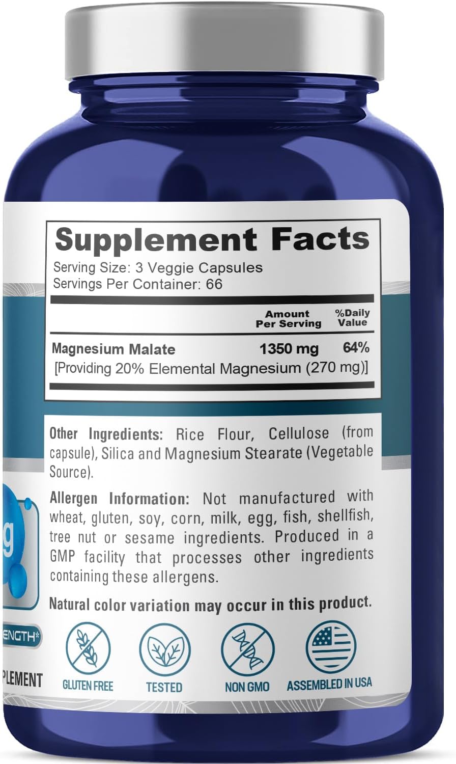 Vegan Magnesium Malate Supplement 1350mg - 200 Veggie Capsules - Non-GMO & Gluten-Free Formula by NusaPure