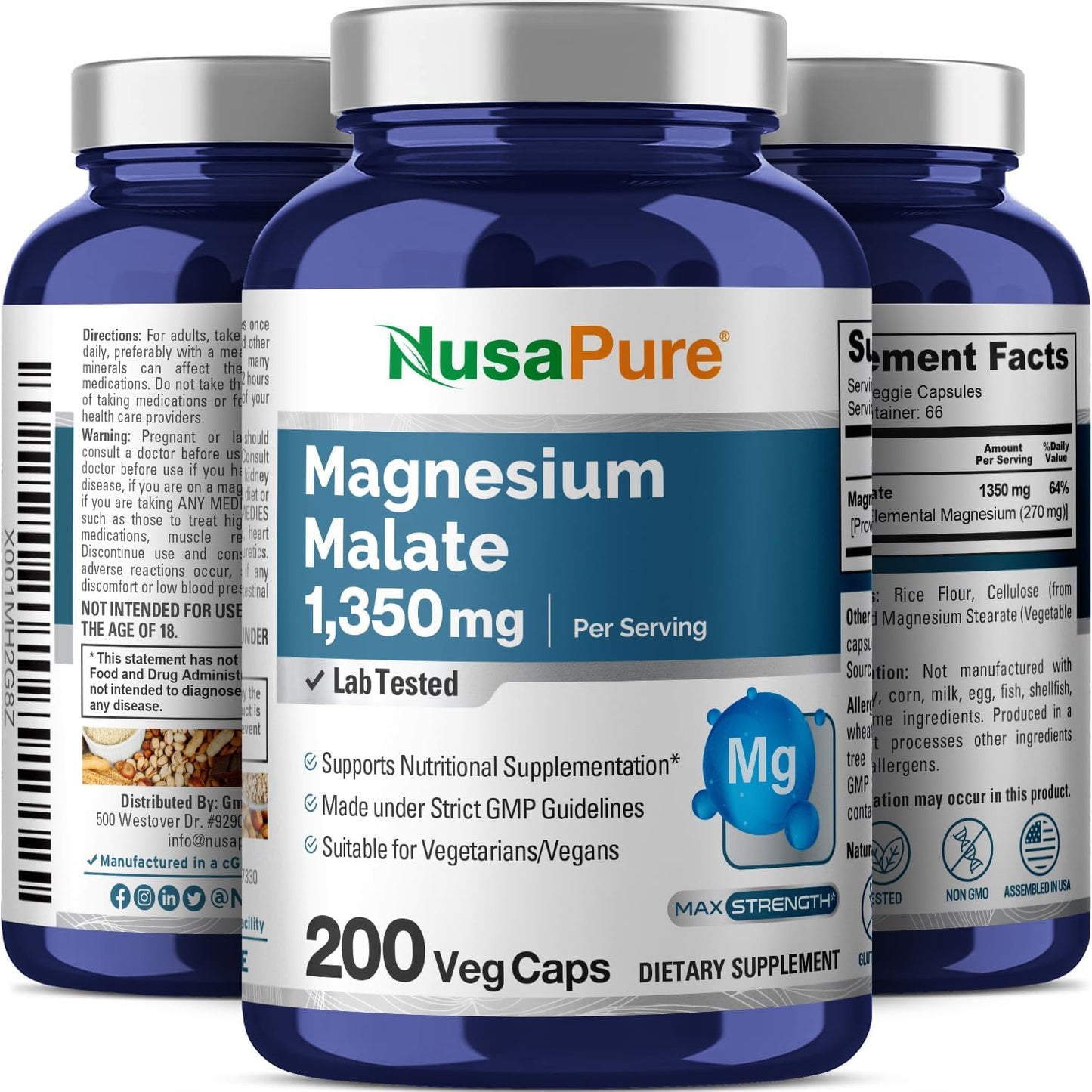 Vegan Magnesium Malate Supplement 1350mg - 200 Veggie Capsules - Non-GMO & Gluten-Free Formula by NusaPure