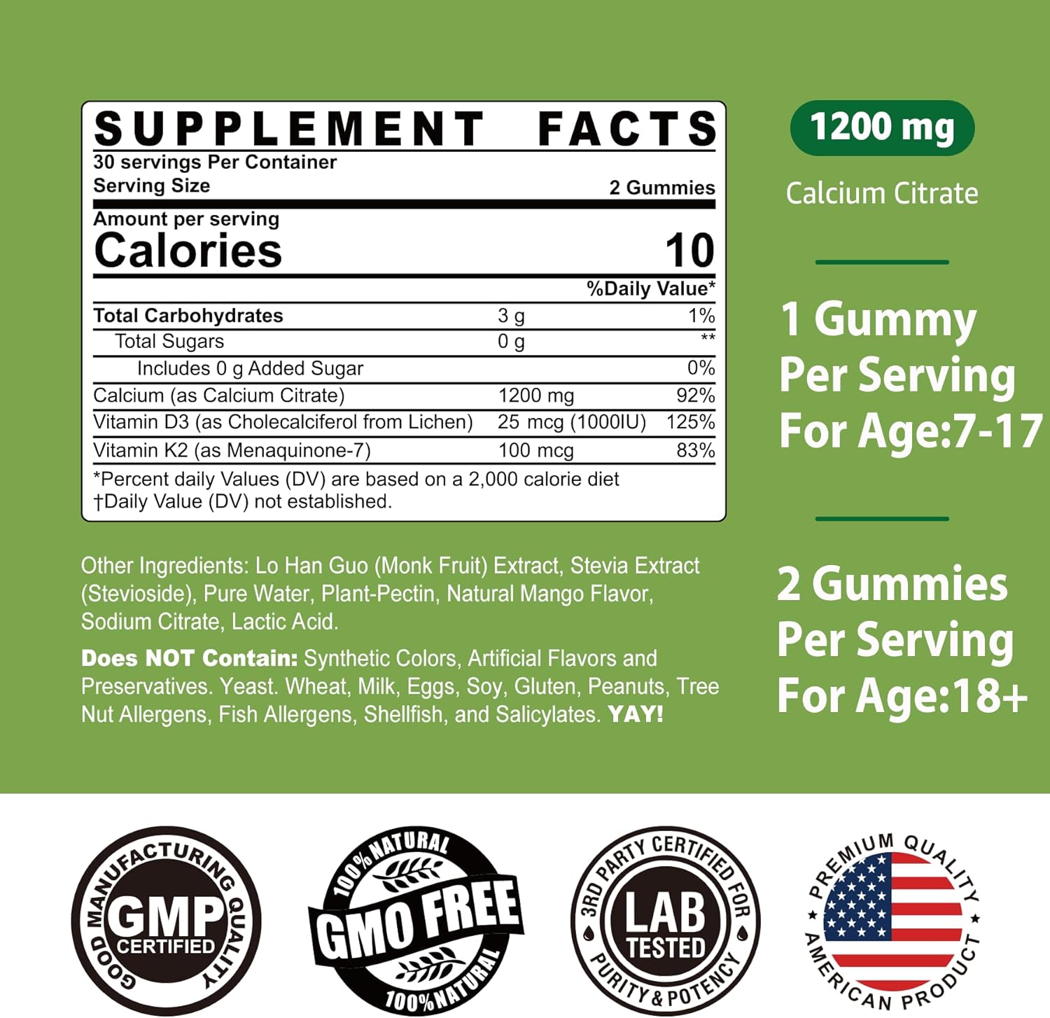 Vegan Mango Calcium Gummies 1200mg with Vitamin D3 & K2 - Supports Bone, Muscle, & Immune Health - Chewable Supplement for All Ages - 60 Count
