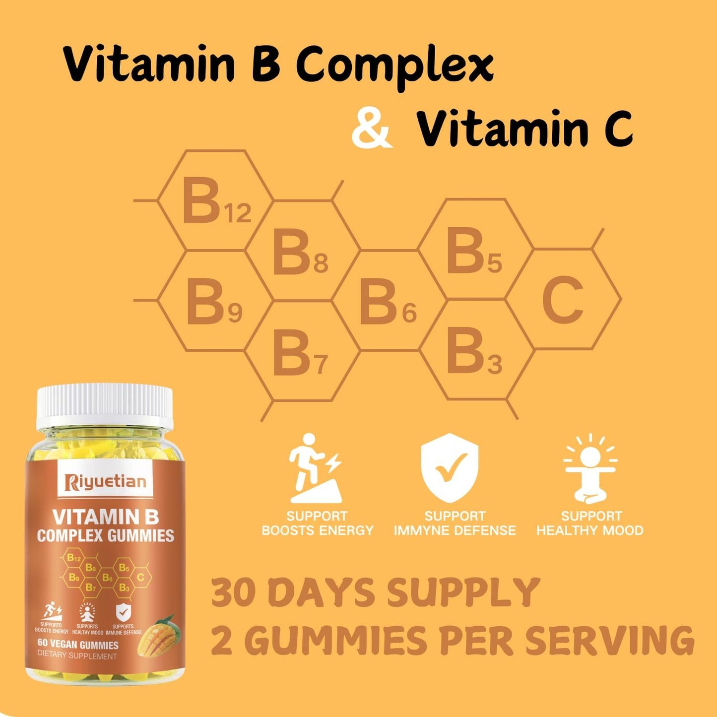 Vegan Mango Flavored Vitamin B Complex Gummies with Biotin, Choline, Inositol, Vitamin C, and Zinc - Supports Energy, Brain Health, Mood, Immune System, Healthy Hair, and Skin - 120 Count