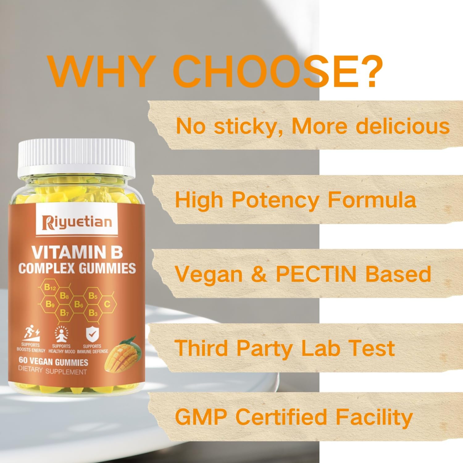 Vegan Mango Flavored Vitamin B Complex Gummies with Biotin, Choline, Inositol, Vitamin C, and Zinc - Supports Energy, Brain Health, Mood, Immune System, Healthy Hair, and Skin - 120 Count