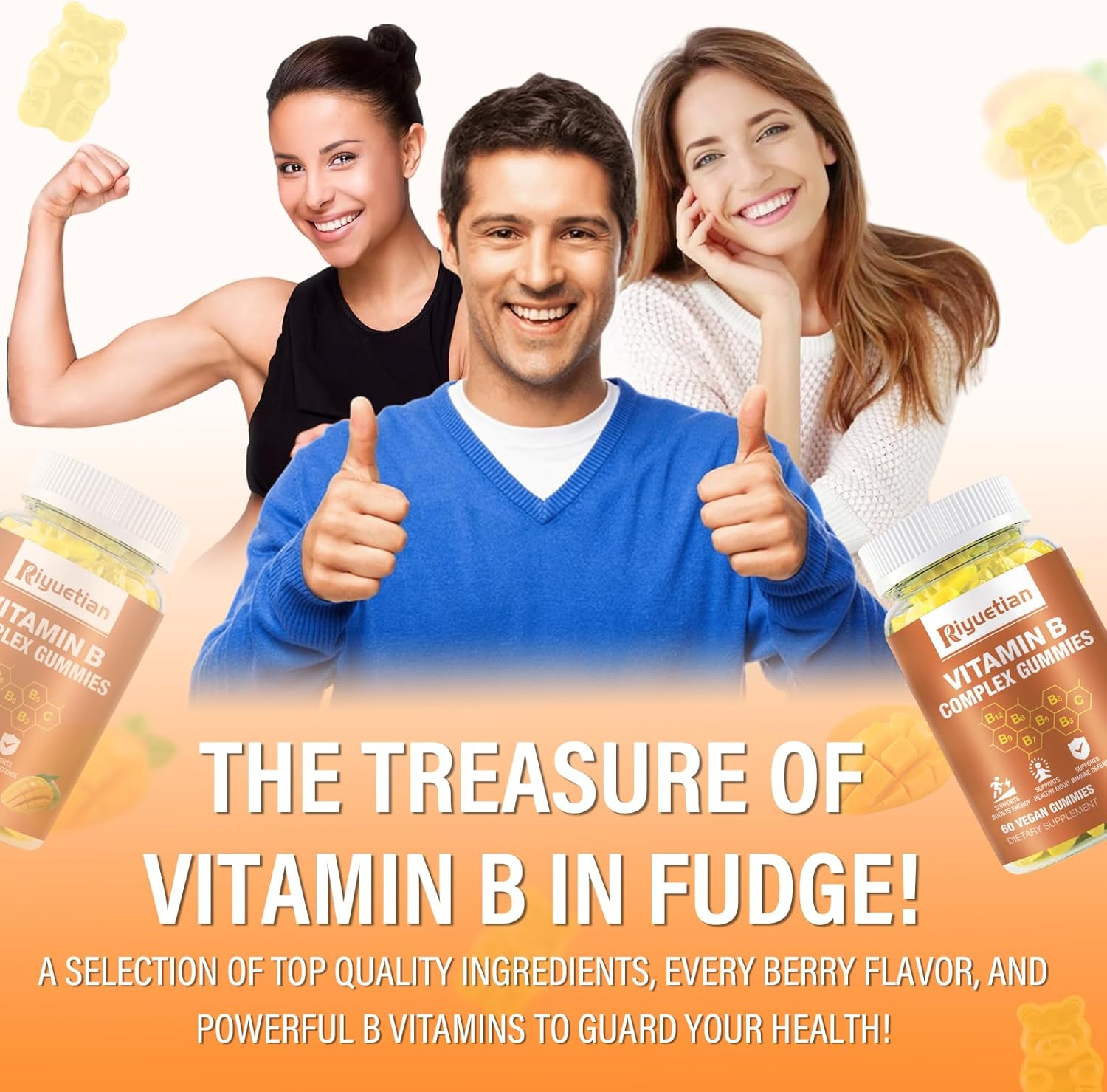 Vegan Mango Flavored Vitamin B Complex Gummies with Biotin, Choline, Inositol, Vitamin C, and Zinc - Supports Energy, Brain Health, Mood, Immune System, Healthy Hair, and Skin - 120 Count