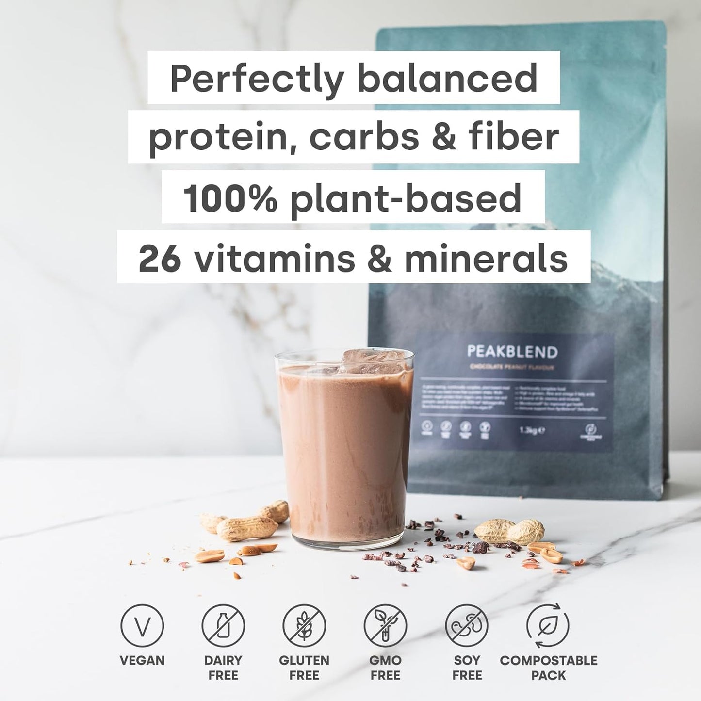 Vegan Meal Replacement Shake with High Protein & Fiber - Form Peakblend, 26 Vitamins & Minerals, No Artificial Sweeteners, 13 Servings, 1.3kg (Chocolate Peanut)