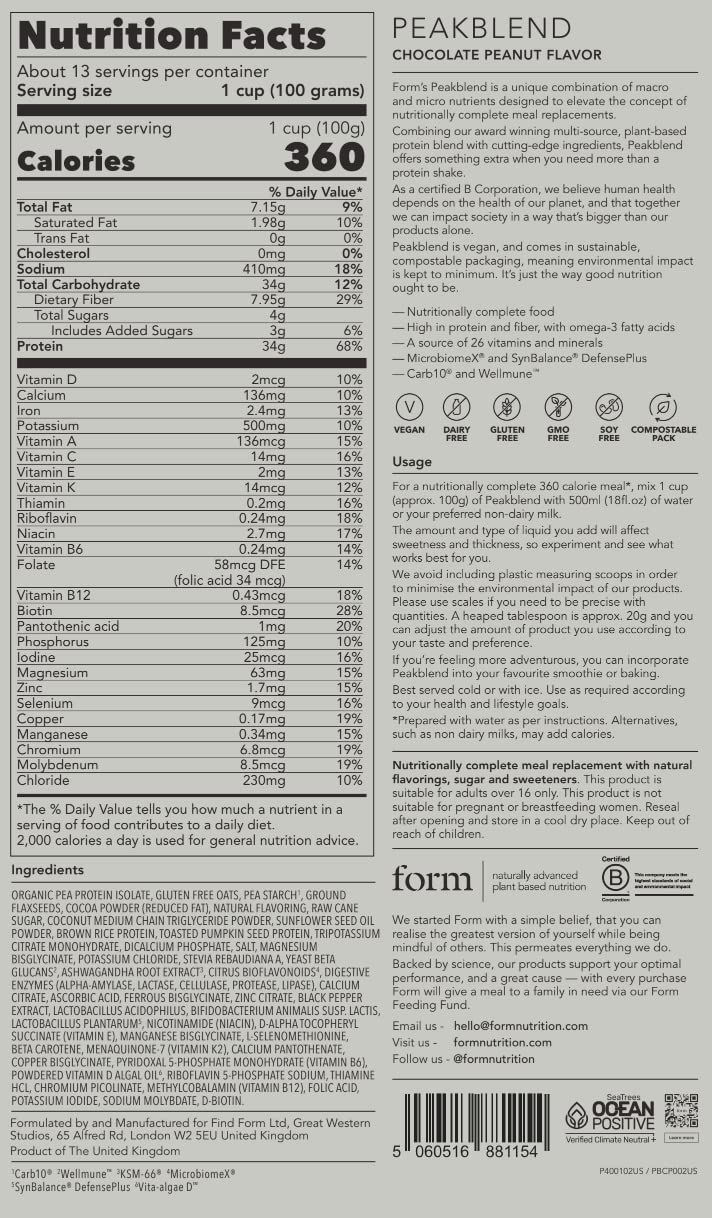 Vegan Meal Replacement Shake with High Protein & Fiber - Form Peakblend, 26 Vitamins & Minerals, No Artificial Sweeteners, 13 Servings, 1.3kg (Chocolate Peanut)