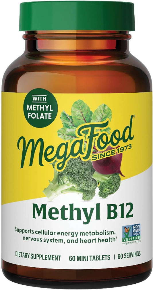 Vegan MegaFood Methyl B12 Tablets with Folate, B12, B6 - Supports Energy, Nervous System, Cardiovascular Health - 60 Count