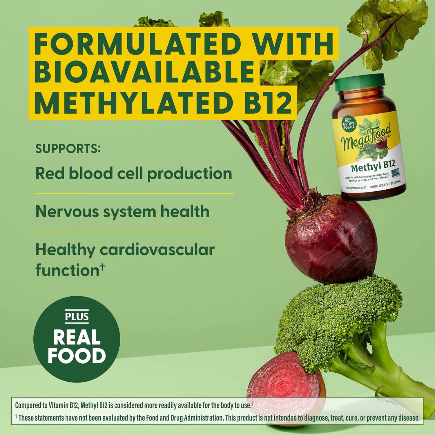 Vegan MegaFood Methyl B12 Tablets with Folate, B12, B6 - Supports Energy, Nervous System, Cardiovascular Health - 60 Count