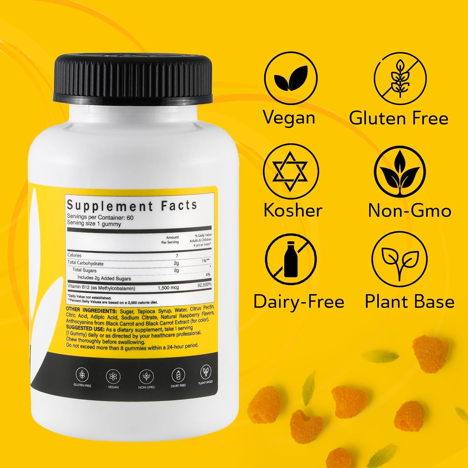 Vegan Methyl B12 Vitamin Gummies for Energy & Nerve Function - Gluten-Free, Dairy-Free, Kosher - 60 Gummies (1500 mcg)