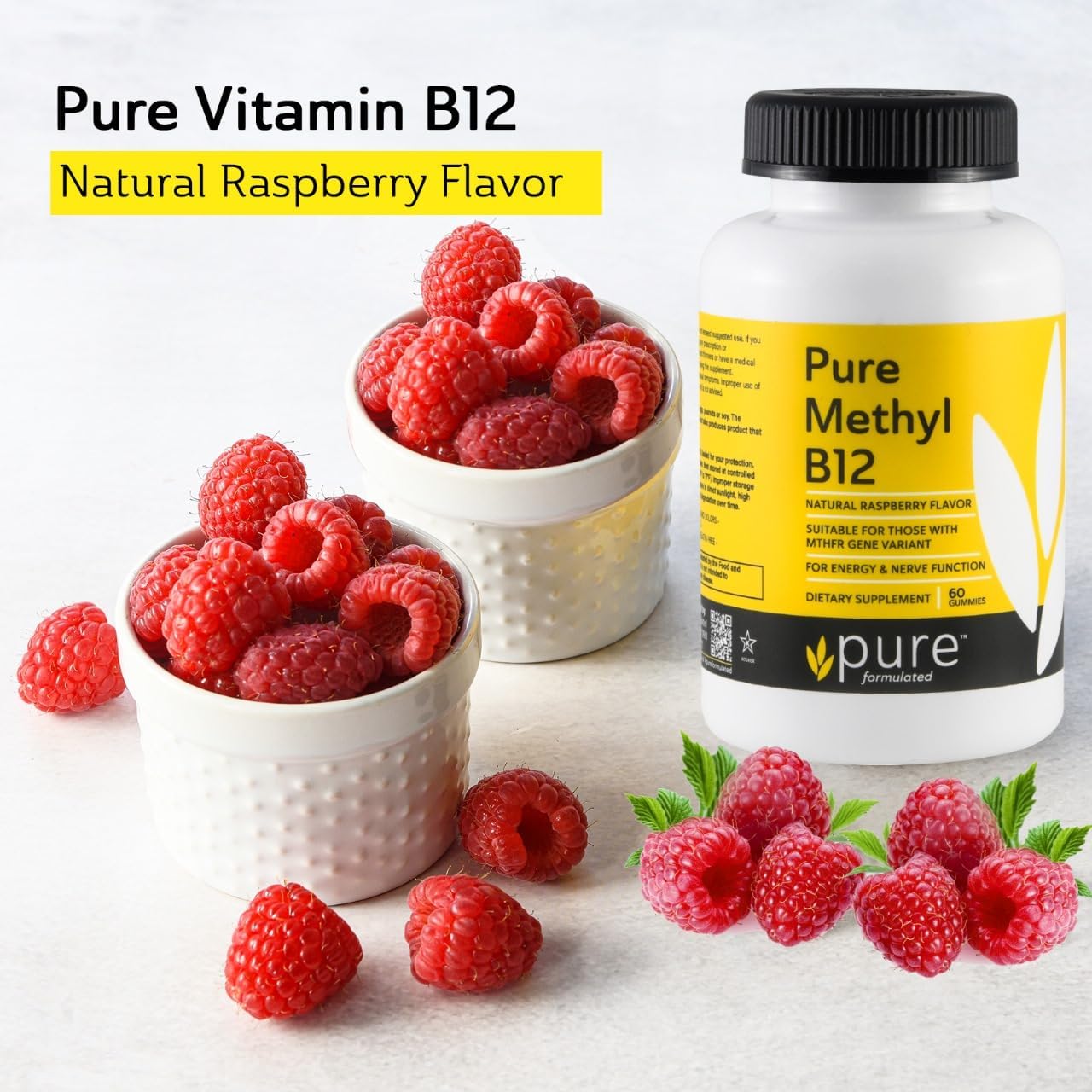 Vegan Methyl B12 Vitamin Gummies for Energy & Nerve Function - Gluten-Free, Dairy-Free, Kosher - 60 Gummies (1500 mcg)