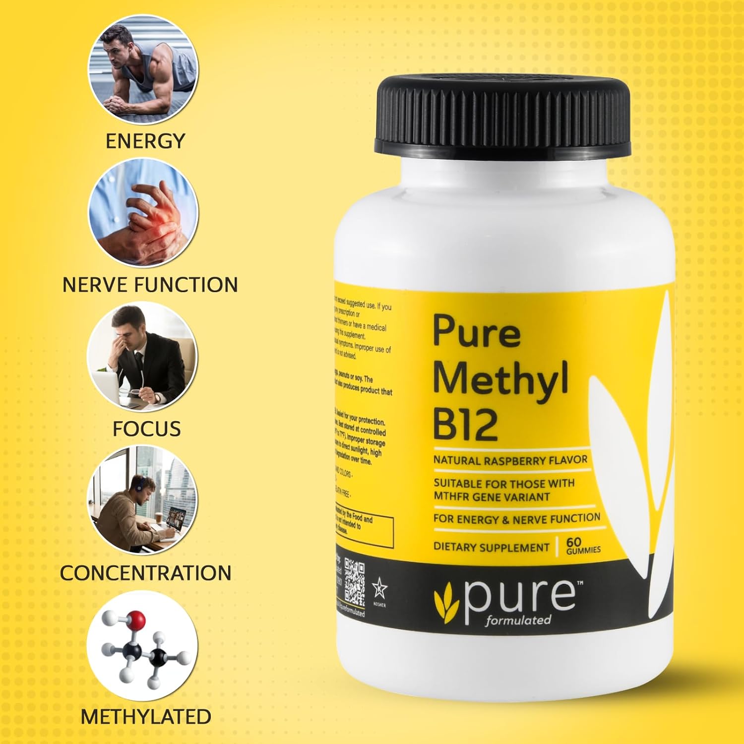 Vegan Methyl B12 Vitamin Gummies for Energy & Nerve Function - Gluten-Free, Dairy-Free, Kosher - 60 Gummies (1500 mcg)