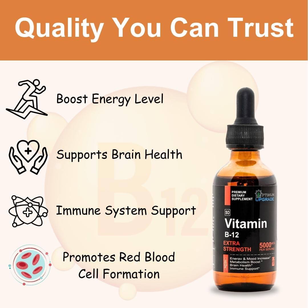 Vegan Methylcobalamin B12 Liquid Drops - 5000mcg for Energy & Metabolism - Fast-Absorbing Sublingual Vitamin - Non-GMO - 2 Oz