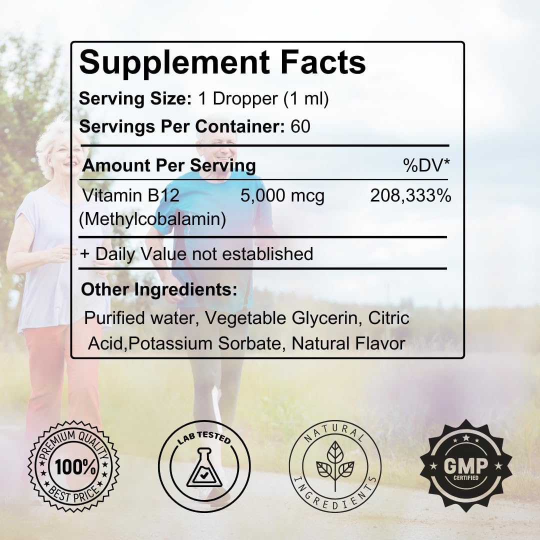 Vegan Methylcobalamin B12 Liquid Drops - 5000mcg for Energy & Metabolism - Fast-Absorbing Sublingual Vitamin - Non-GMO - 2 Oz