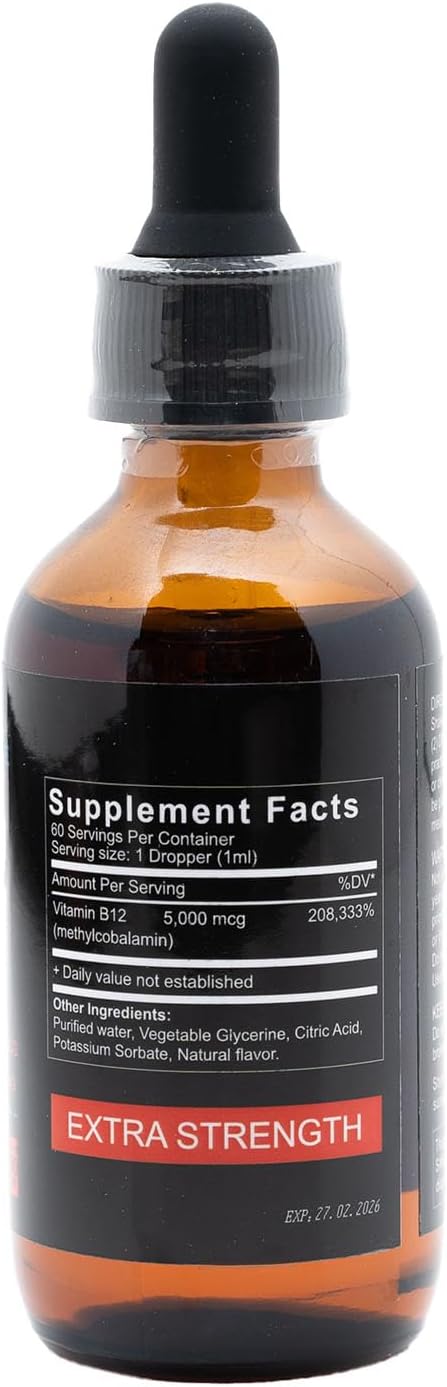 Vegan Methylcobalamin B12 Liquid Drops - 5000mcg for Energy & Metabolism - Fast-Absorbing Sublingual Vitamin - Non-GMO - 2 Oz