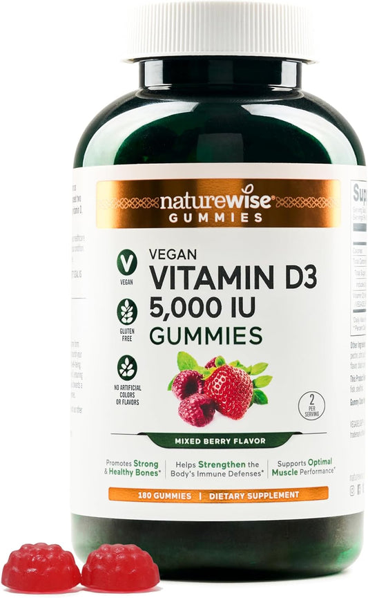 Vegan Mixed Berry Flavored Vitamin D3 Gummies - 5000 IU - Immune and Bone Support - 180 Count