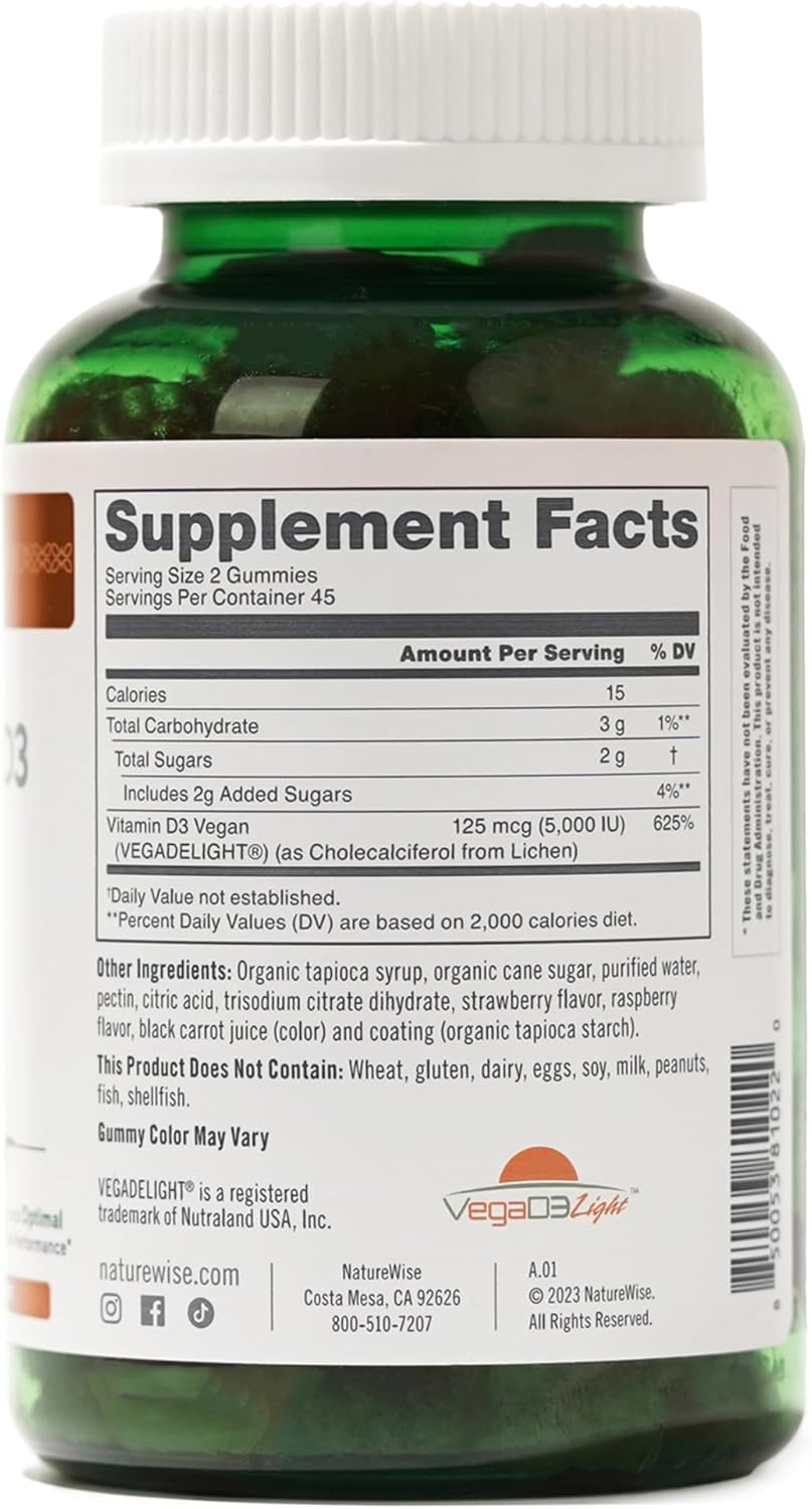 Vegan Mixed Berry Vitamin D3 Gummies for Immune Support and Bone Strength - 5000 IU - Non-GMO - Gluten Free - 90 Count