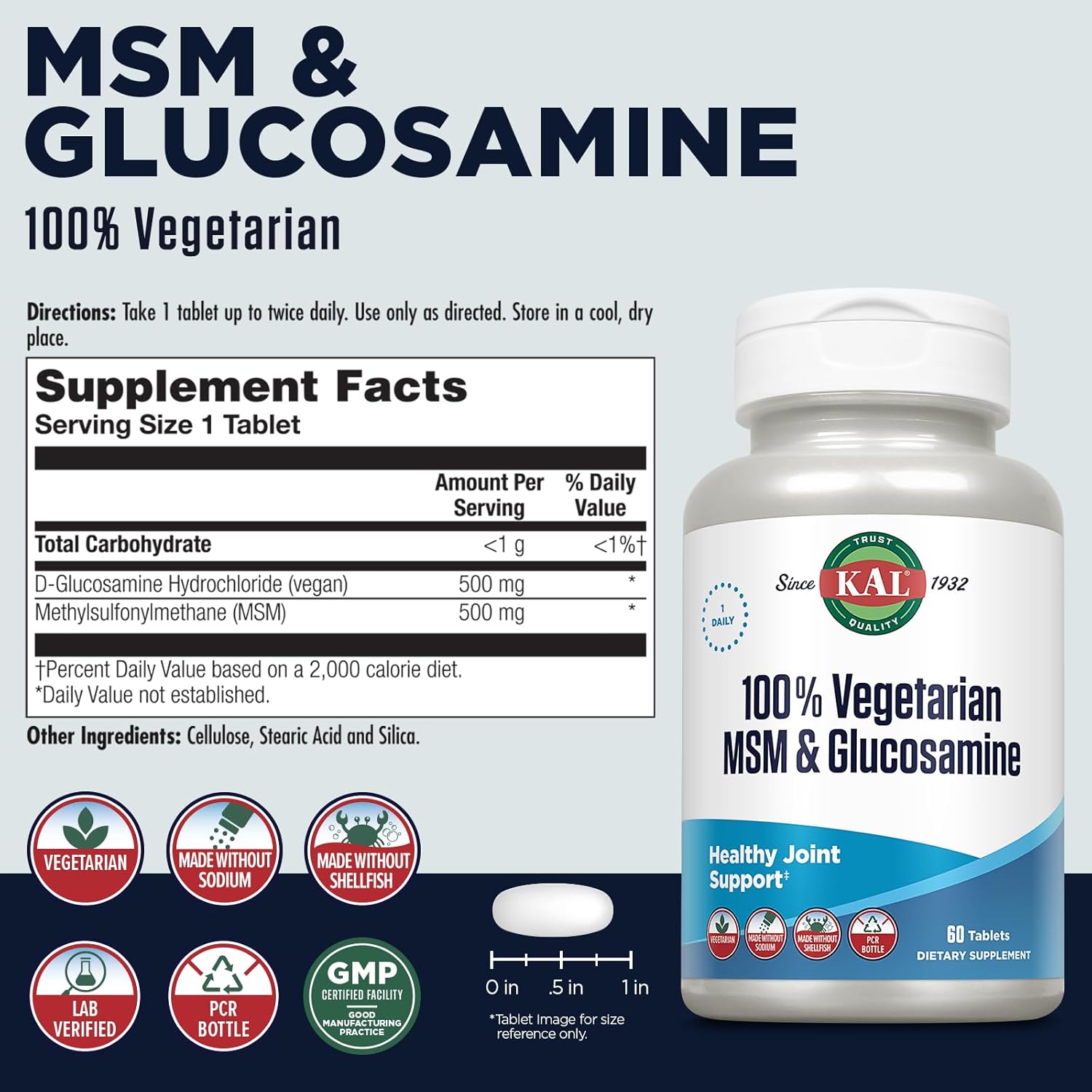 Vegan MSM & Glucosamine Supplement for Healthy Joints - 100% Vegetarian Formula - Shellfish-Free - Lab Verified - 60-Day Guarantee - 60 Tablets