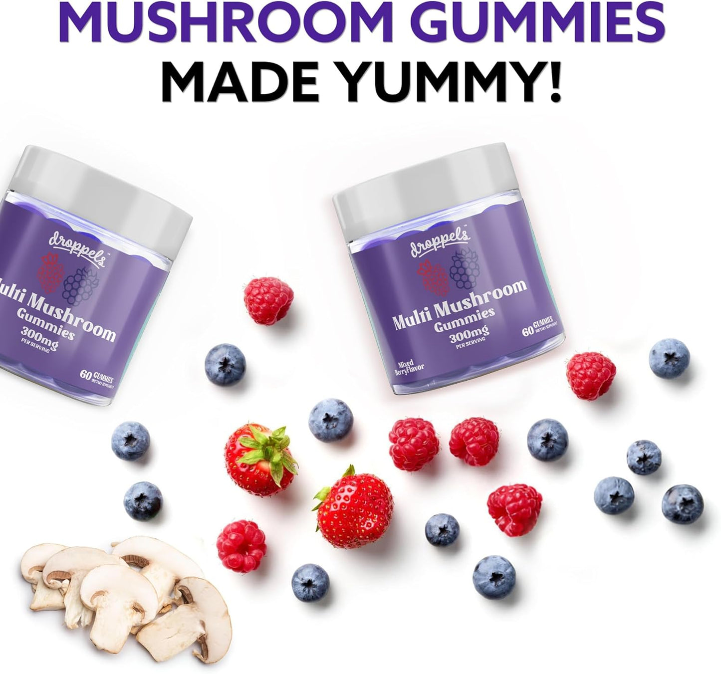 Vegan Multi Mushroom Gummies with Maitake, Shiitake, Turkey Tail, Chaga, Reishi & Lion's Mane | Non-GMO Pectin-Based Extracts | Mixed Berries Flavor, 60 Count