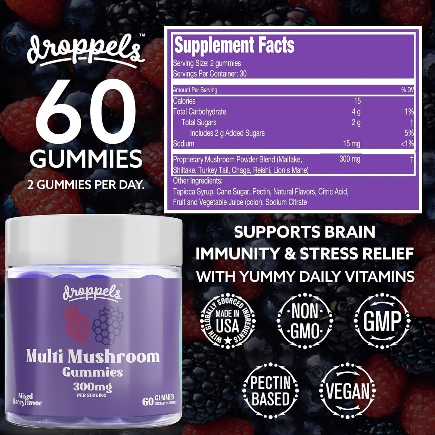 Vegan Multi Mushroom Gummies with Maitake, Shiitake, Turkey Tail, Chaga, Reishi & Lion's Mane | Non-GMO Pectin-Based Extracts | Mixed Berries Flavor, 60 Count