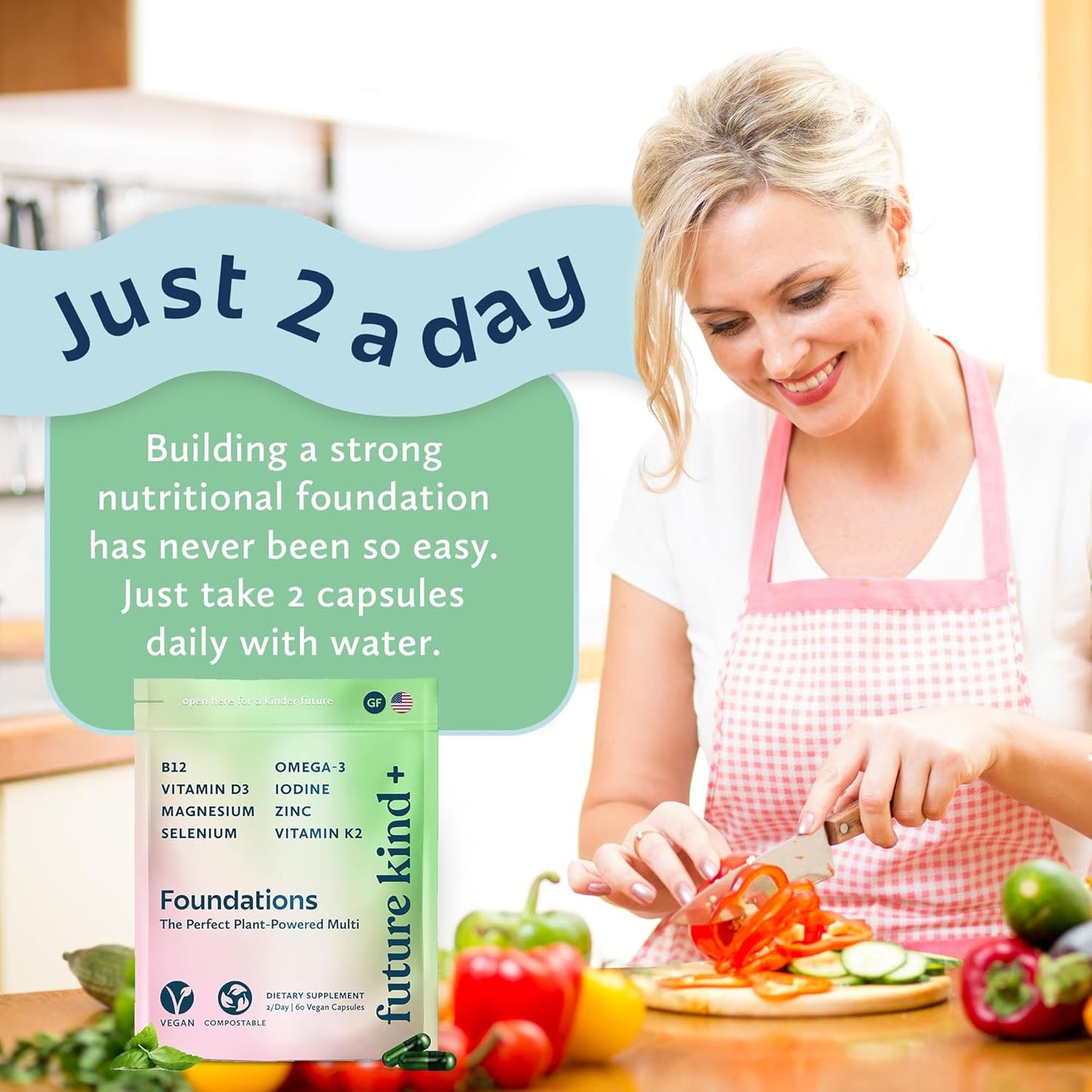 Vegan Multivitamin for Women & Men with Omega-3, B12, D3, Zinc, Iodine, Magnesium, K2 & Selenium - Carrageenan-Free - 60ct Bag