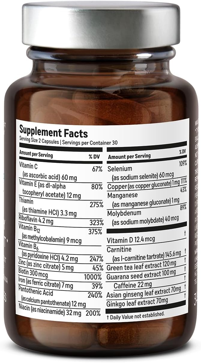 Vegan Multivitamin with Guarana, Ginseng, and Ginkgo Extract for Energy and Focus - CLAV® N°3 Vitality Support - 60 Capsules