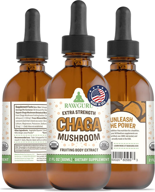 Vegan Nano-Processed Chaga Mushroom Extract Tincture with Trace Minerals - Immunity & Cognitive Supplement - 60 Servings, 60 ml - RawGuru