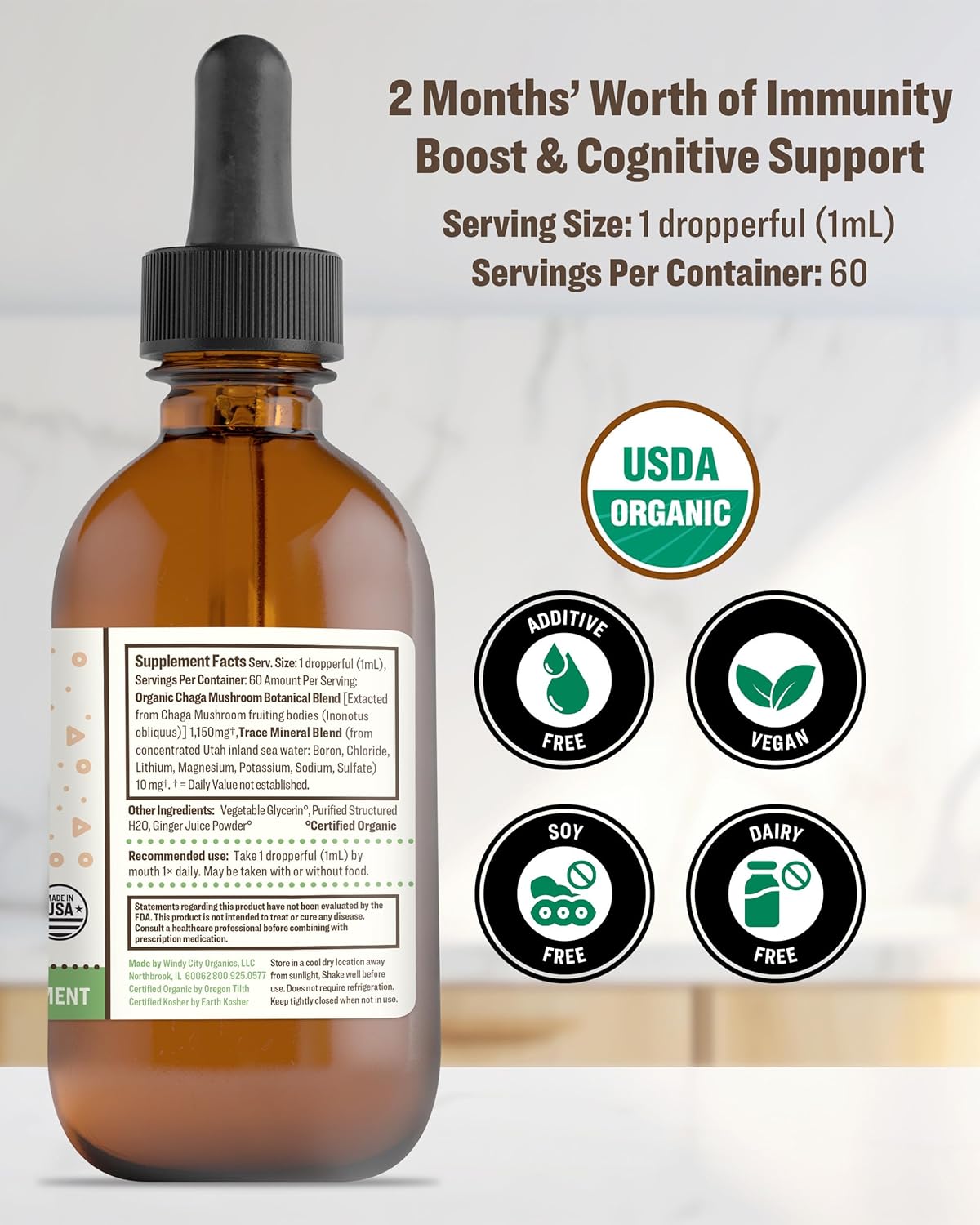 Vegan Nano-Processed Chaga Mushroom Extract Tincture with Trace Minerals - Immunity & Cognitive Supplement - 60 Servings, 60 ml - RawGuru