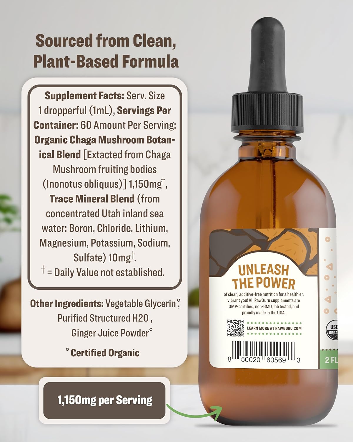 Vegan Nano-Processed Chaga Mushroom Extract Tincture with Trace Minerals - Immunity & Cognitive Supplement - 60 Servings, 60 ml - RawGuru
