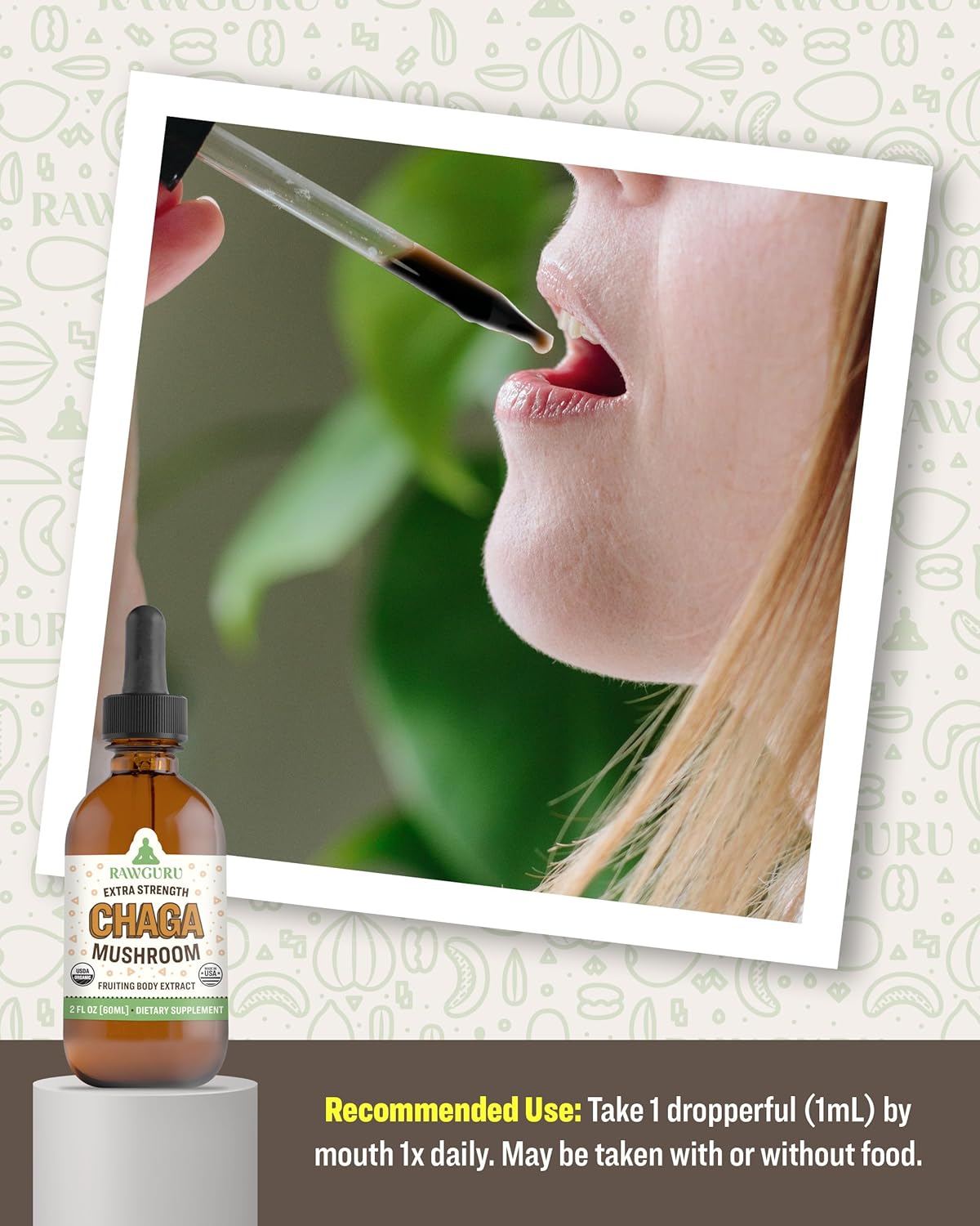 Vegan Nano-Processed Chaga Mushroom Extract Tincture with Trace Minerals - Immunity & Cognitive Supplement - 60 Servings, 60 ml - RawGuru