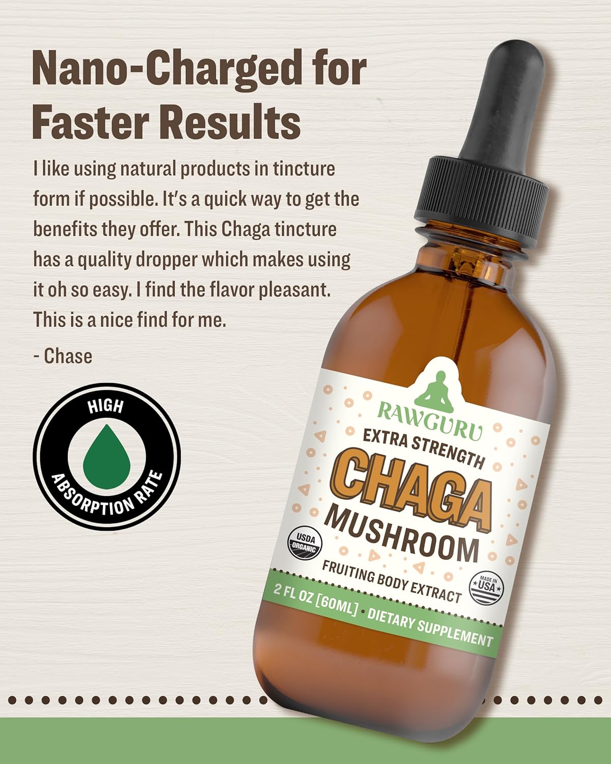 Vegan Nano-Processed Chaga Mushroom Extract Tincture with Trace Minerals - Immunity & Cognitive Supplement - 60 Servings, 60 ml - RawGuru