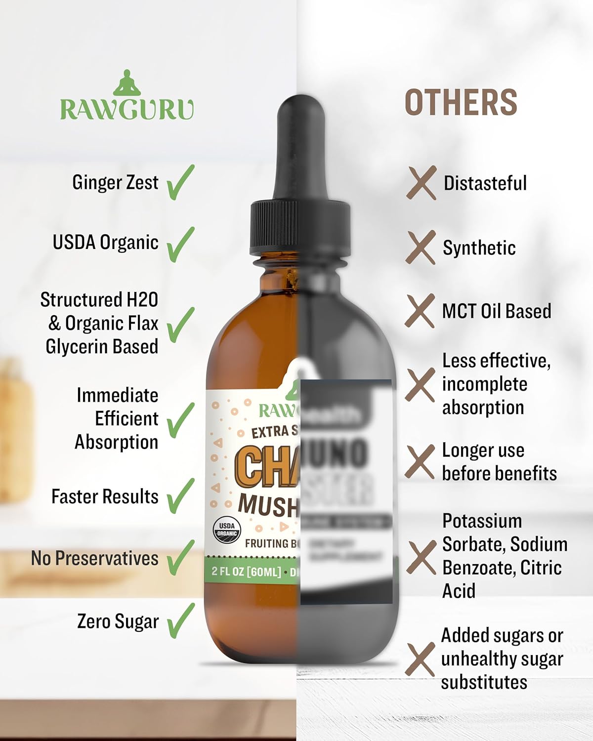 Vegan Nano-Processed Chaga Mushroom Extract Tincture with Trace Minerals - Immunity & Cognitive Supplement - 60 Servings, 60 ml - RawGuru