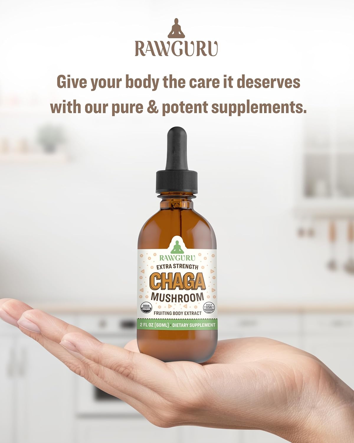 Vegan Nano-Processed Chaga Mushroom Extract Tincture with Trace Minerals - Immunity & Cognitive Supplement - 60 Servings, 60 ml - RawGuru