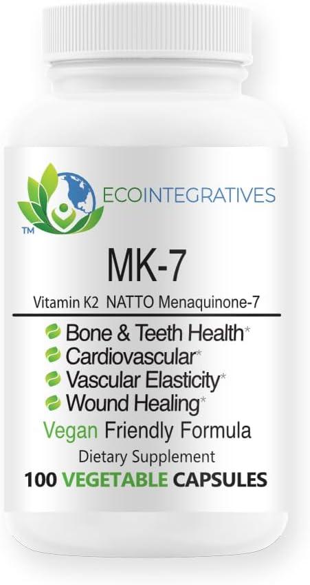 Vegan Natto MK-7 Vitamin K2 Capsules for Bone, Teeth, Cardio & Wound Healing - 100 Vegetarian Capsules - EcoIntegratives