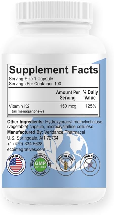 Vegan Natto MK-7 Vitamin K2 Capsules for Bone, Teeth, Cardio & Wound Healing - 100 Vegetarian Capsules - EcoIntegratives