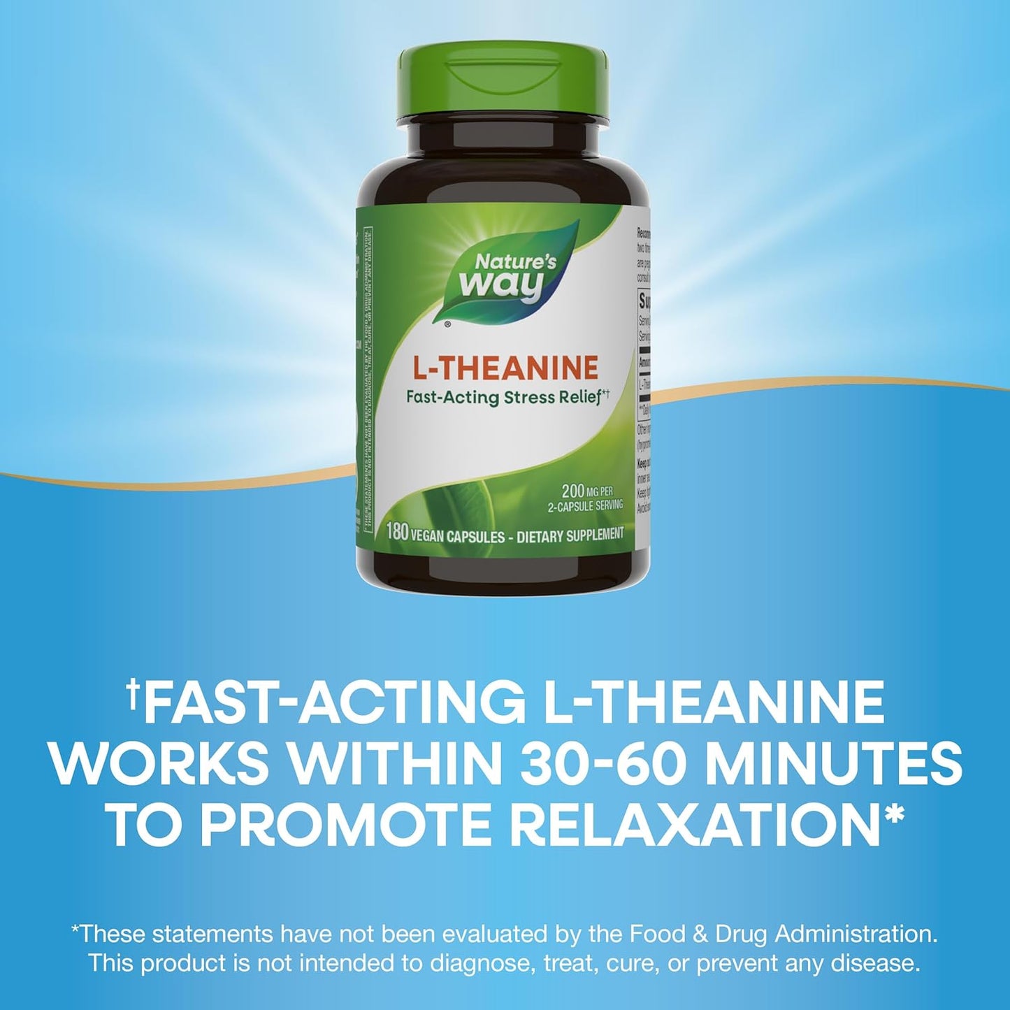Vegan Nature's Way L-Theanine Capsules - Stress Support & Relaxation - 200mg Per Serving - 180 Count
