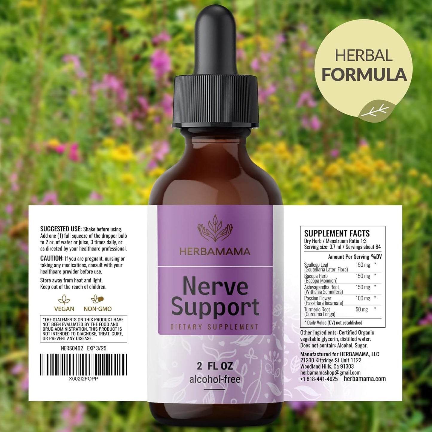 Vegan Nerve Support Supplement with Ashwagandha & Bacopa Monnieri - Non-GMO Calming Drops for Adults, 28-Day Supply